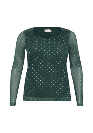 Long-sleeve top in dark green sheer fabric with white polka dots, featuring a scoop neckline and fitted silhouette.