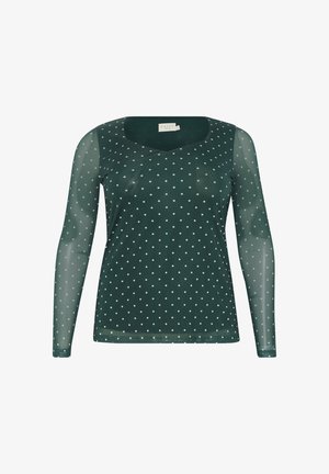 Tumedast rohelisest läbipaistvast kangast pikkade varrukatega põhitoot, millel on valged täpid, ümar kaelus ja keha lähedane siluett.