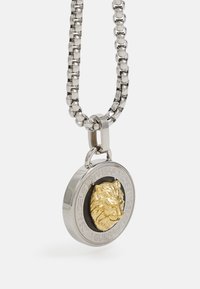 Collier en métal avec un pendentif rond représentant une tête de lion dorée, entourée d'un cadre en argent et de texte gravé. La chaîne a un design en maillons.