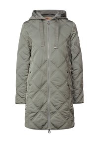 Manteau à capuche matelassé gris clair avec fermeture éclair à l'avant, couture en losanges, poches à boutons-pression en métal et cordons de serrage sur la capuche.