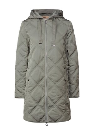 Light gray quilted hooded coat with front zipper, diamond stitching, metal snap pockets, and drawstrings on the hood.