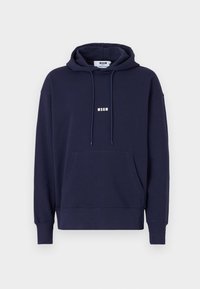 Sudadera con capucha de color azul marino, fabricada con una mezcla de algodón. Presenta un bolsillo frontal, capucha con cordón y el logotipo blanco "MSGM" en el pecho.