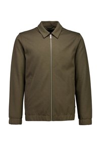 Kurtka oliwkowa z zamkiem z przodu, kołnierzem i elastycznymi mankietami. Wykonana z gładkiego, teksturowanego materiału, wyposażona w boczne kieszenie.