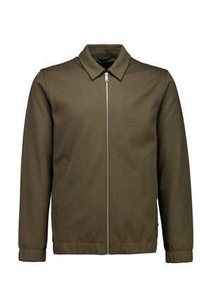 Olivgrön jacka med dragkedja framtill, krage och elastiska mudd i ärmsluten. Tillverkad av ett slätt, strukturerat tyg med sidfickor.