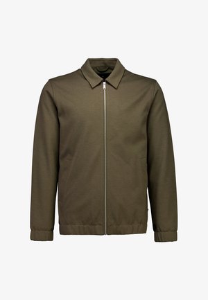 Giacca verde oliva con zip frontale, collo con risvolto e polsini elasticizzati. Realizzata in tessuto liscio e strutturato con tasche laterali.