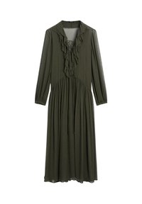 Robe longue verte en tissu léger, avec un devant volé, de longues manches et une taille à cordon, offrant une silhouette fluide.