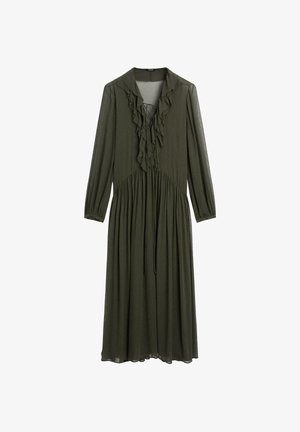 Długa zielona sukienka z lekkiego materiału, z falbaniastym przodem, długimi rękawami i pasem ze sznurkiem, o swobodnym kroju.