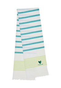 Écharpe légère avec des rayures turquoise et blanches, mettant en valeur des accents verts et un cœur brodé. Les bords effilochés complètent le design.