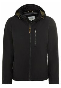 Schwarze Jacke mit Kapuze, Reißverschluss vorne und seitlichen Taschen. Aus strukturiertem Stoff mit kontrastierendem Innenfutter. Verstellbarer Kordelzug.
