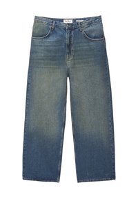 Jean en denim à coupe décontractée et jambes larges, design classique à cinq poches, et lavage délavé de la taille à l'ourlet.