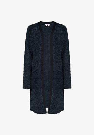 Cardigan lung de culoare bleumarin, realizat dintr-un material texturat, având un tiv negru pe partea deschisă din față și mâneci lungi. Fără închideri vizibile.
