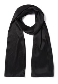 Black scarf made of smooth, lightweight fabric with a subtle ribbed texture. Long and rectangular shape, elegantly draped.