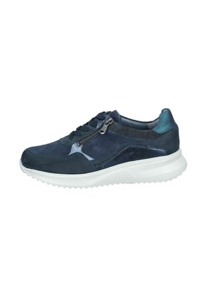 Navy blue athletic shoes featuring a mix of suede and textile materials, round toe, and a white rubber sole with a textured grip.