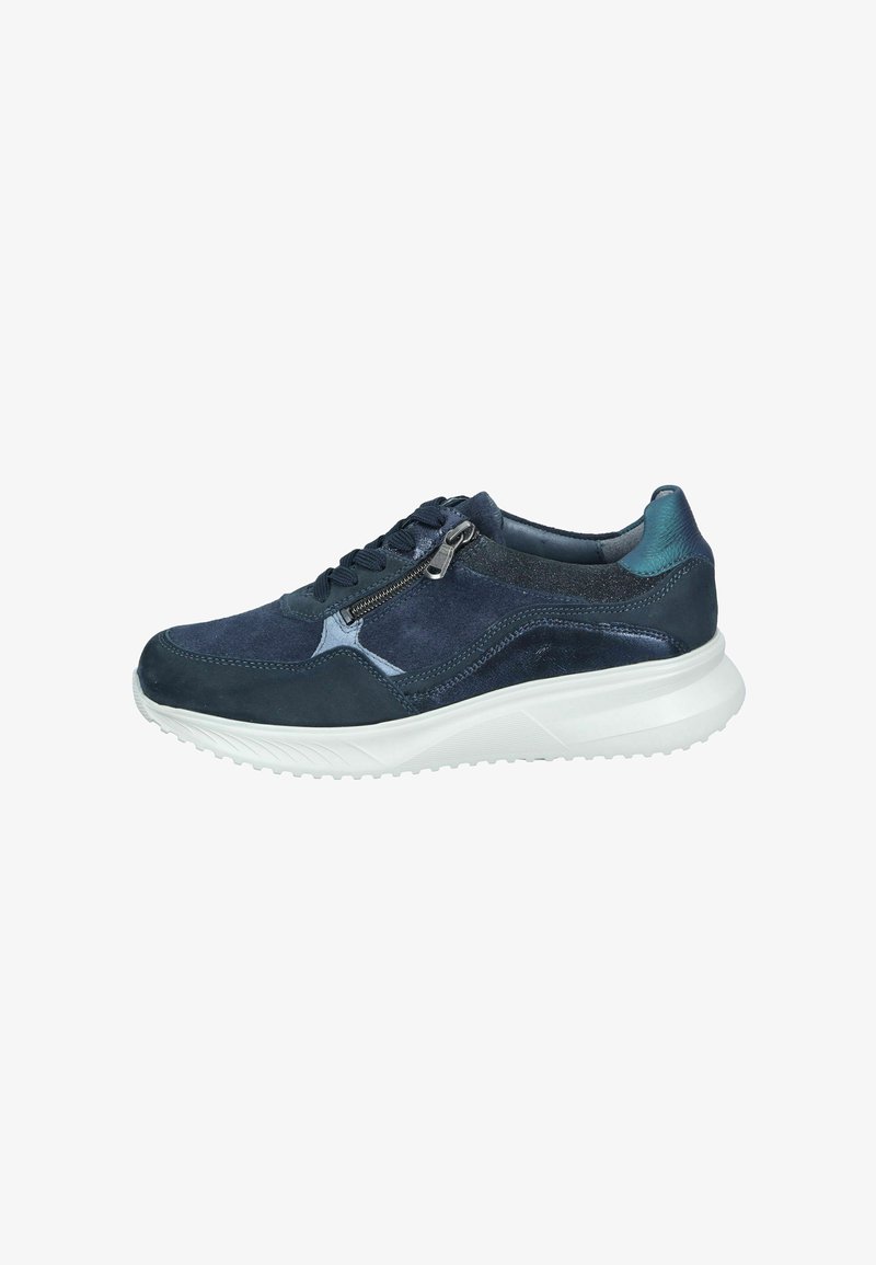 Navy blue athletic shoes featuring a mix of suede and textile materials, round toe, and a white rubber sole with a textured grip.