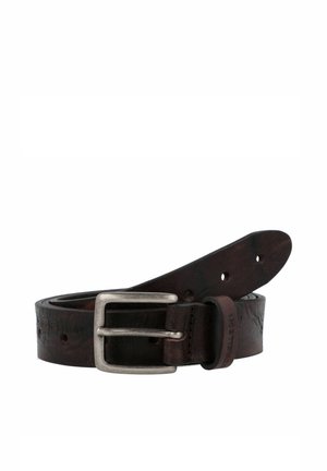 Ceinture en cuir marron avec une boucle en métal argenté, de forme rectangulaire, dotée de plusieurs trous pour l'ajustement et d'une surface légèrement texturée.