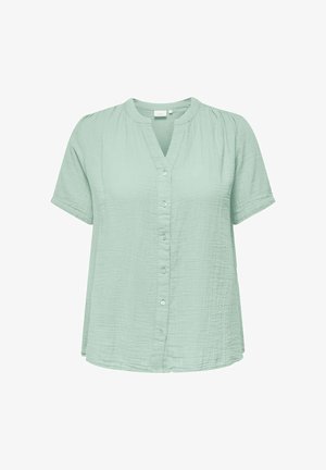 Light green short-sleeve blouse with a V-neck, button front, and a textured, crinkled fabric. Features slightly gathered shoulders.
