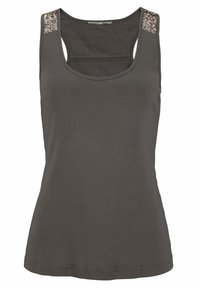 Tmavě šedý tílko vyrobené z měkkého materiálu. Obsahuje dekorativní flitry na rameni. Přiléhavý střih s kulatým výstřihem a sportovním zádovým střihem.