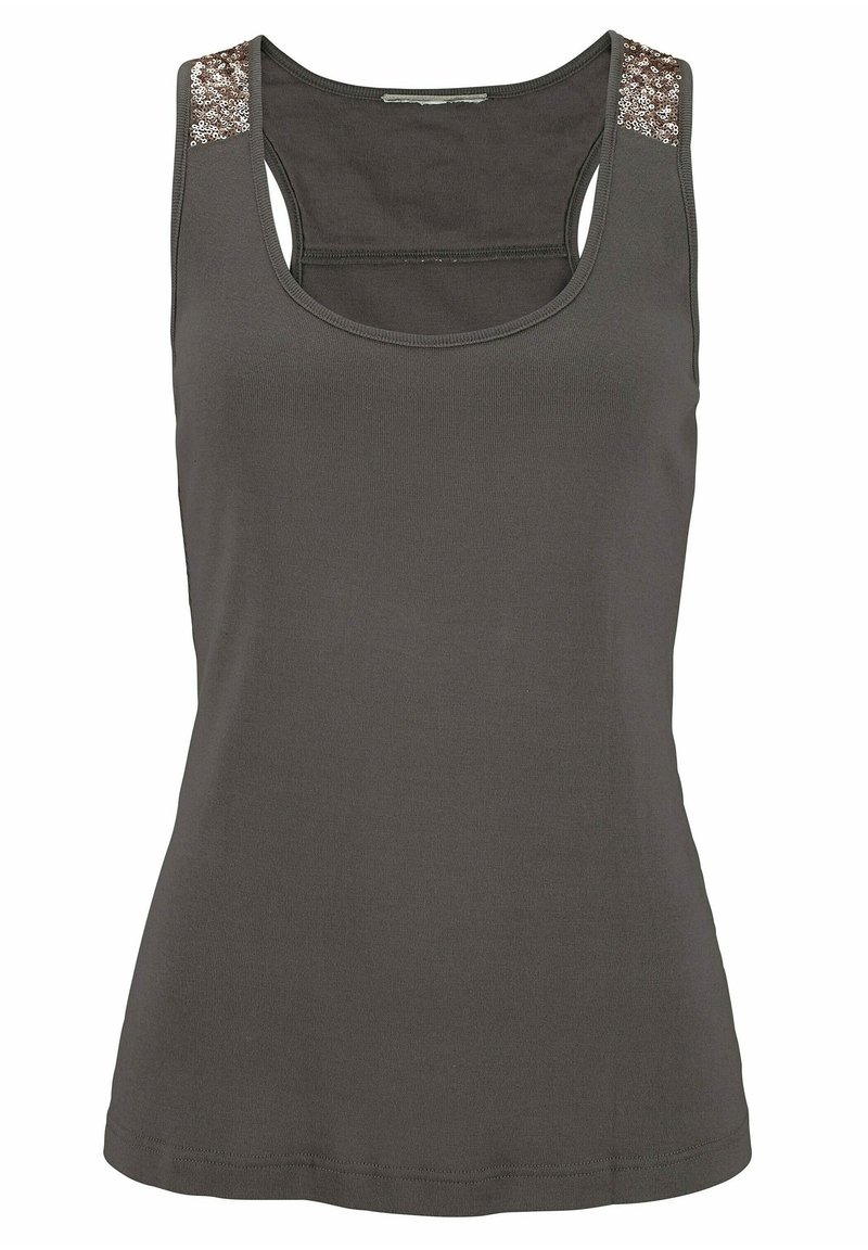 Tmavě šedý tílko vyrobené z měkkého materiálu. Obsahuje dekorativní flitry na rameni. Přiléhavý střih s kulatým výstřihem a sportovním zádovým střihem.