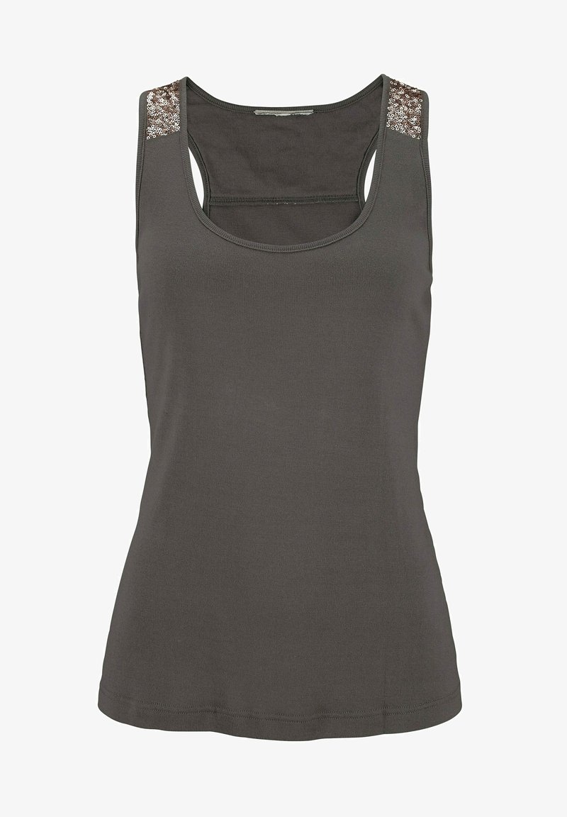 Tmavě šedý tílko vyrobené z měkkého materiálu. Obsahuje dekorativní flitry na rameni. Přiléhavý střih s kulatým výstřihem a sportovním zádovým střihem.
