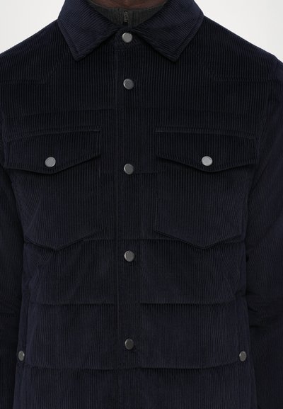 Marineblaue Cordjacke mit Knopfleiste, zwei Brusttaschen und strukturierten Streifen. Silberne Details setzen Akzente im Design.
