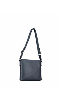 Sac bandoulière en cuir bleu marine foncé avec une finition texturée, une sangle réglable et un logo subtil à l'avant. Forme carrée, design minimaliste.