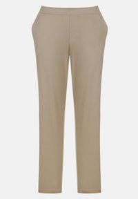 Beige Hosen mit geradem Bein, elastischem Bund und weichem, glattem Stoff. Keine sichtbaren Taschen oder Verzierungen.