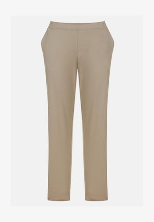Beige broek met een recht gesneden ontwerp, elastische tailleband en zachte, gladde stof. Geen zichtbare zakken of versieringen.