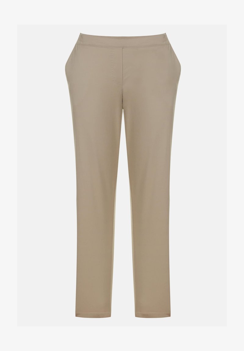 Pantalones beige con un diseño de pierna recta, cinturilla elástica y una tela suave y lisa. Sin bolsillos visibles ni adornos.