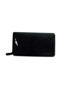 Black leather wallet with a textured finish, featuring a silver charm attached and embossed "OLD RIVER" logo on the front.