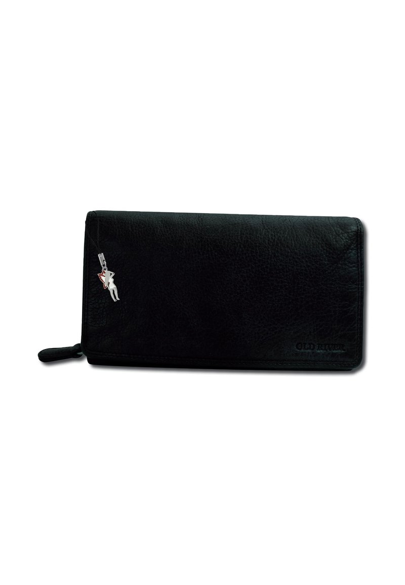 Black leather wallet with a textured finish, featuring a silver charm attached and embossed "OLD RIVER" logo on the front.