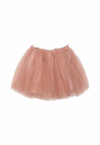 Fustă din tull de un roz pal, cu un design stratificat și voluminos, dotată cu un brâu elastic. Textură moale, lungime până la genunchi, fără modele sau accesorii vizibile.