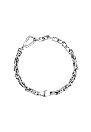 Srebrna metalowa bransoletka łańcuszkowa z splatającymi się ogniwami i pewnym zapięciem. Gładka tekstura z błyszczącym wykończeniem.