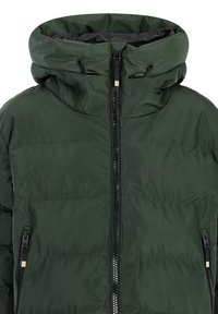 Mørkegrøn puffy jakke med høj krave, frontlynlås og sidelommer. Har quiltet mønster og snoretræk på hætten.