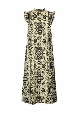 Ærmeløs kjole med høj halsudskæring, prydet med et sort blomstermønster og geometriske figurer på en cremefarvet baggrund. Udsvinget ruffle skulderdetalje.