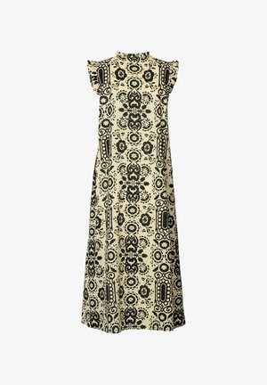 Ærmeløs kjole med høj halsudskæring, prydet med et sort blomstermønster og geometriske figurer på en cremefarvet baggrund. Udsvinget ruffle skulderdetalje.