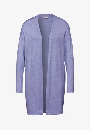 Cárdigan largo de lavanda hecho de tela suave, con frente abierto, hombros caídos y puños acanalados. Ligero y con una textura suave.