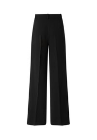 Zwarte wijde broek met een gladde stofafwerking, voorzien van een hoge taille, scherpe plooien en een tailoring ontwerp voor een gestructureerd silhouet.