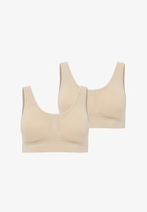 Zwei beigen kabellosen BHs aus einem weichen, dehnbaren Stoff, mit breiten Trägern und einem nahtlosen Design für zusätzlichen Komfort. Eignen sich ideal für den täglichen Gebrauch.