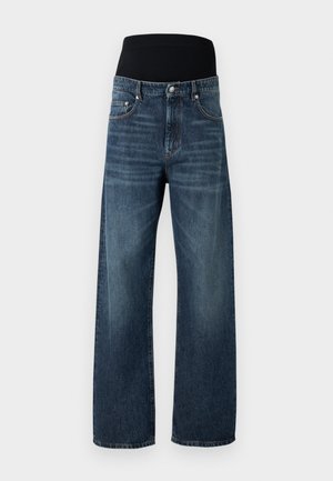 Jeans a gamba larga blu scuro con una cintura elastica nera. Realizzati in denim, presentano un classico stile a cinque tasche e un leggero sbiadimento.