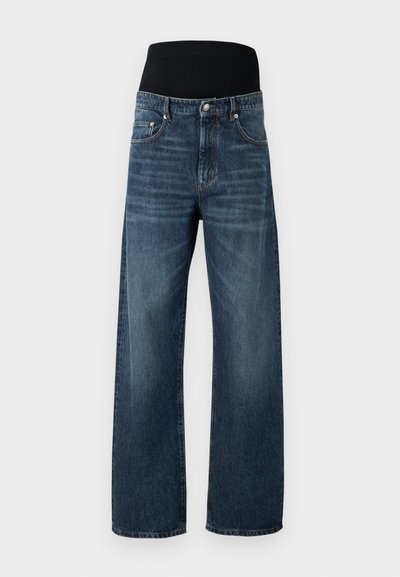 Jeans a gamba larga blu scuro con una cintura elastica nera. Realizzati in denim, presentano un classico stile a cinque tasche e un leggero sbiadimento.