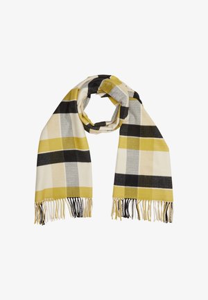 Sciarpa a quadri con colori giallo, nero, grigio e crema, con orli frangiati e un materiale morbido e testurizzato.