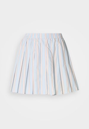 Lichtblauwe geplooide rok met verticale strepen in roze en wit. Heeft een elastische tailleband. Gemaakt van een soepele, lichte stof.