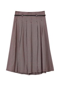 Jupe à motifs pied-de-poule marron et rouge avec des plis, une ceinture noire et une coupe droite. Tissu léger avec une texture lisse.