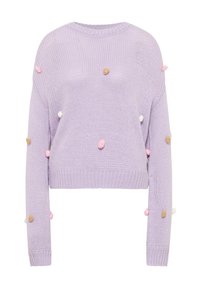 Lavendelfarbiges gestricktes Sweatshirt mit rundem Halsausschnitt, cropped Passform und dekorativen Pompons in Rosa, Weiß und Beige an den Ärmeln und am Körper.