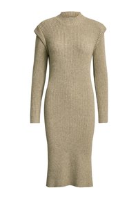Abito a maglia a coste color beige, con collo alto, maniche lunghe e dettagli sulle spalle. Si adatta al corpo con un orlo a lunghezza ginocchio.