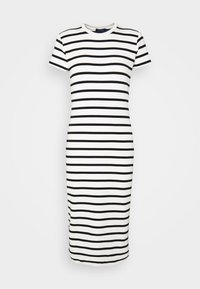 Sukienka midi w czarno-białe paski, z krótkimi rękawami, okrągłym dekoltem i dopasowanym krojem. Gładki materiał bawełniany, długość do połowy łydki.