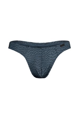 Blaue gemusterte Slips aus weichem Stoff; mit einem schmalen elastischen Bund und einem konturierten Beutel-Design.