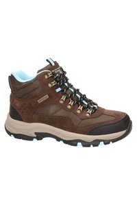 Botas de senderismo impermeables en color marrón con un exterior de malla, acentos azules, ojales metálicos y una suela de goma resistente para mayor tracción.