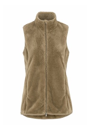 Fleece-vest, tan väri, korkea kaulus, täysi etuvetoketju, pehmeä rakenne, hihaton muotoilu, suljettu takareuna. Ei taskuja tai yksityiskohtia.