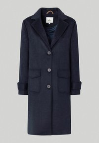 Cappotto di lana navy con colletto a rever, cinque bottoni, due tasche frontali e polsini arrotolati, posizionato su uno sfondo grigio chiaro.